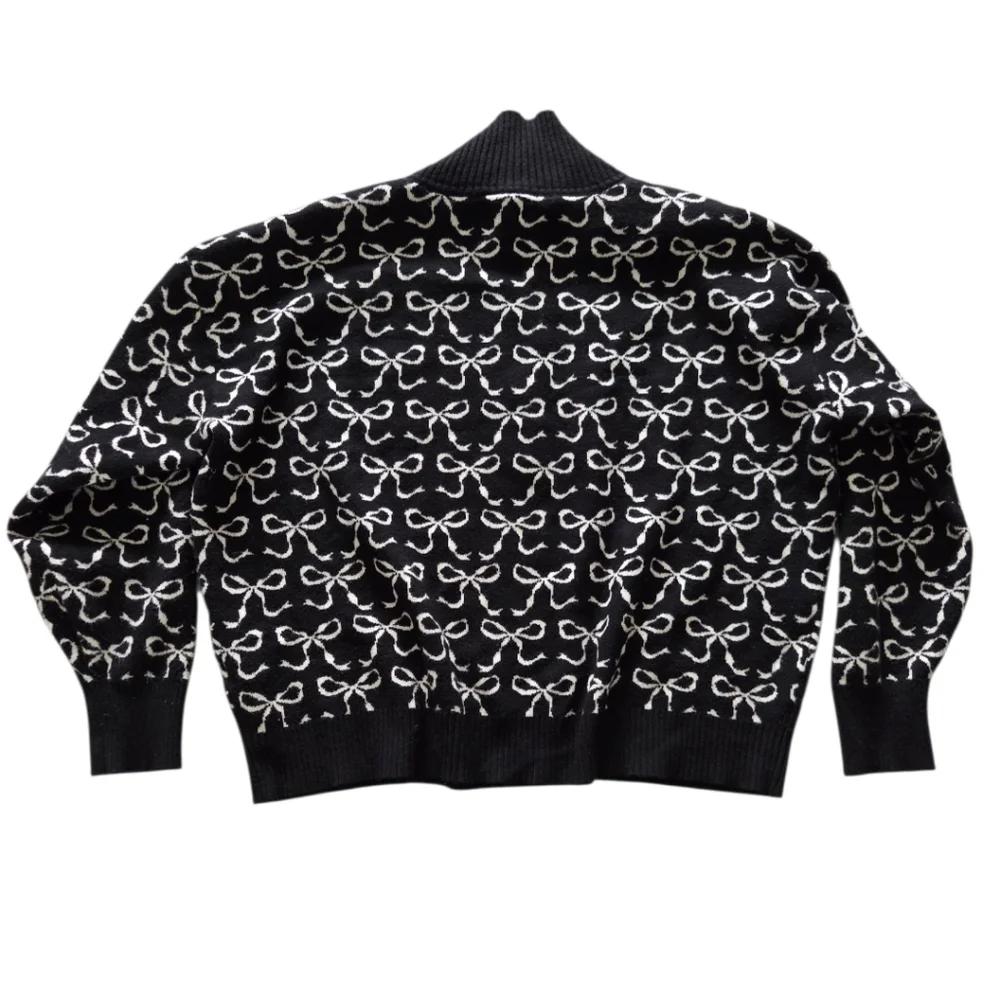 Maeve Anthropologie The Montana Mock-Neck‎ Half-Zip Sweater Black Bow Print Sz M